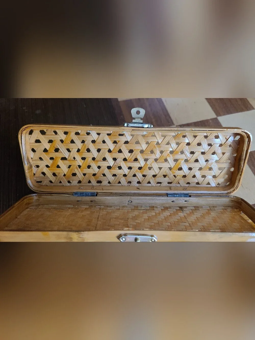 Vintage 50s Japanese Bamboo Pencil Case w/ Brass Lock - Decor Desk Accessory
